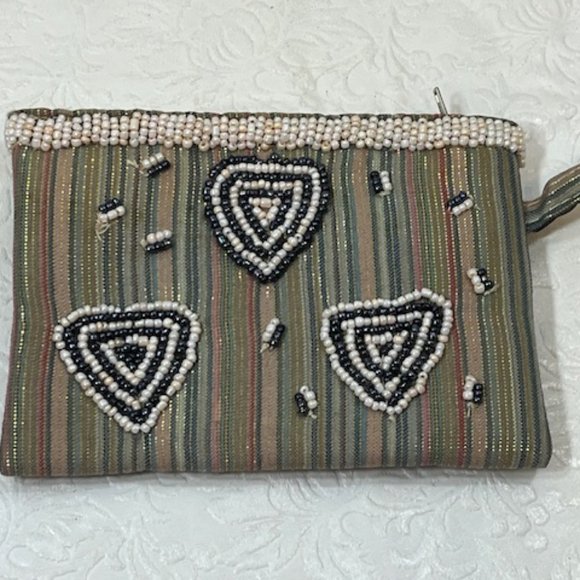 Handmade Beaded Hearts Striped Metallic Fabric Purse Pouch Bag 5.5"x3.75" - Picture 2 of 7